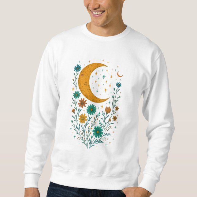 Celestial Moon Boho Blommor Bästsäljande Roligt Gå Lång Ärmad Tröja (Framsida)