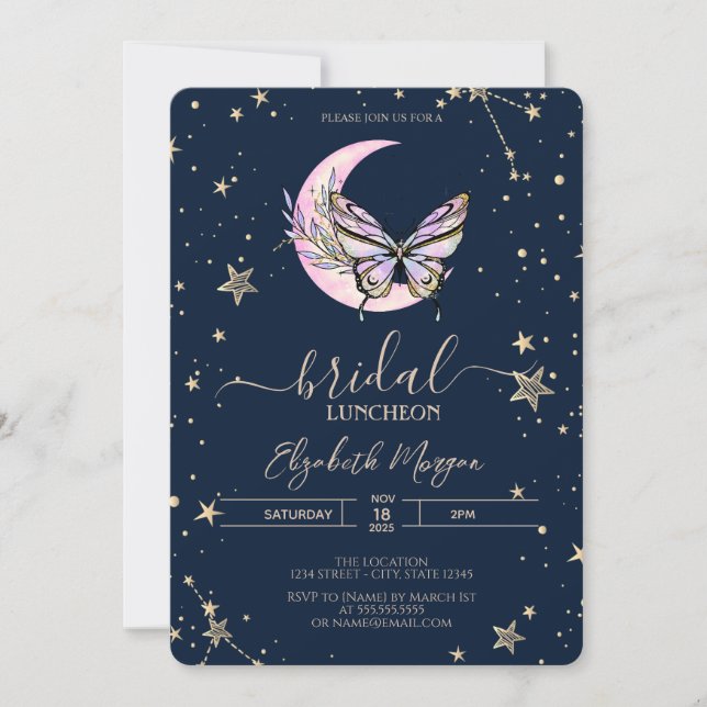 Celestial Moon Butterfly Blå Bröllops Luncheon Inbjudningar (Framsida)