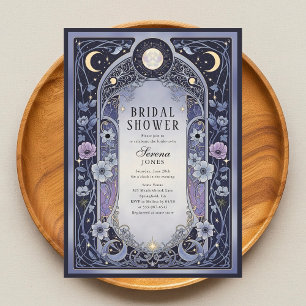 Celestial Moon Floral Art Nouveau Bröllopsdusch Inbjudningar