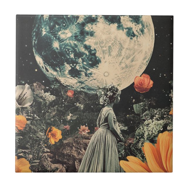 Celestial Moon Garden Sepia Blommig Flicka Kakelplatta (Framsidan)