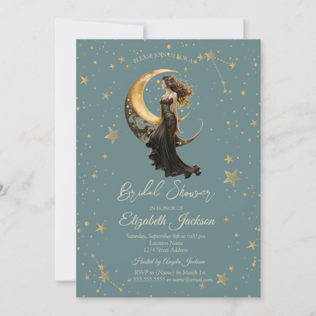 Celestial Moon Girl Stars Mintgrön Bröllopsdusch Inbjudningar (Framsida)