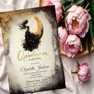 Celestial Moon Girl Watercolor Guld Quinceanera Inbjudningar
