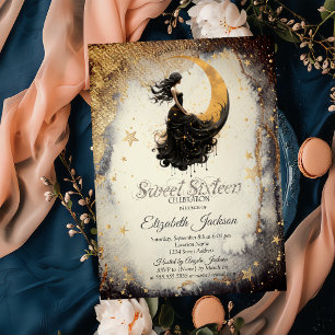 Celestial Moon Girl Watercolor Guld Stjärnor Sweet Inbjudningar