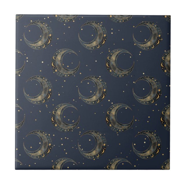 Celestial Moon Gold Starry Night Pattern (1) Kakelplatta (Framsidan)