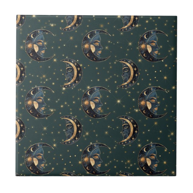 Celestial Moon Gold Starry Night Pattern (2) Kakelplatta (Framsidan)