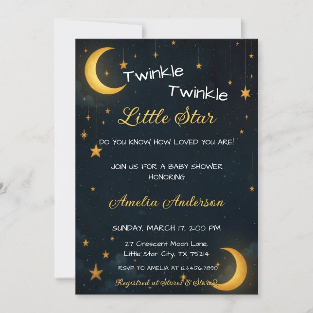 Celestial Moon Gold Stjärnklar Natt Baby Shower Inbjudningar (Framsida)