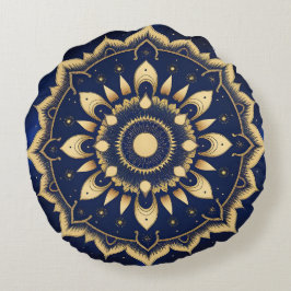Celestial Moon Mandala Design | Marinblå & Guld S Rund Kudde