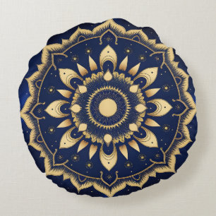 Celestial Moon Mandala Design Marinblå & Guld S Rund Kudde