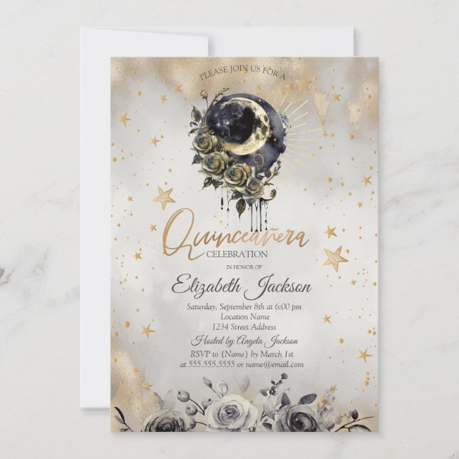 Celestial  Moon Roses Stars Quinceanera  Inbjudningar (Framsida)