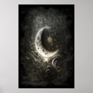 Celestial Moon Stars Blommig Vintage Tarot Vägg Poster