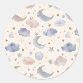 Celestial Moon Stars Clouds Pastel Lavender Runt Klistermärke