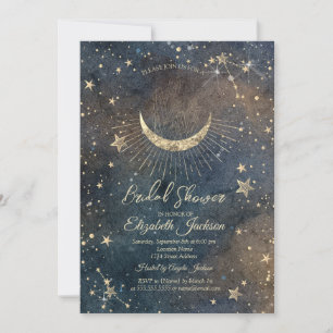 Celestial Moon,Stars Diamant Mörk Bröllopsdusch Inbjudningar