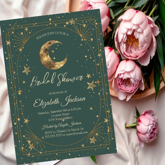 Celestial Moon Stars Frame Green Bridal Shower Inbjudningar (Skapare uppladdad)