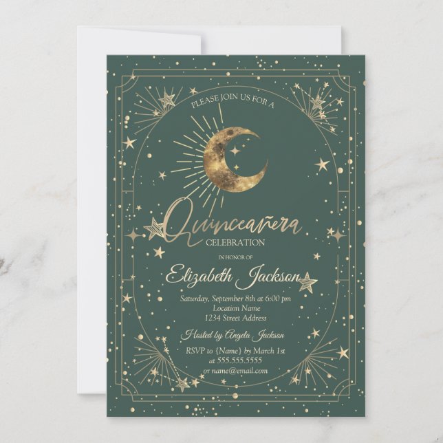 Celestial Moon Stars Frame Quinceanera Inbjudningar (Framsida)