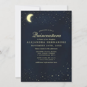 Celestial Moon Stars Midnatt Blå Quinceañera Inbjudningar