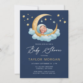 Celestial Moon & Stars Navy Boy Baby Shower Inbjudningar