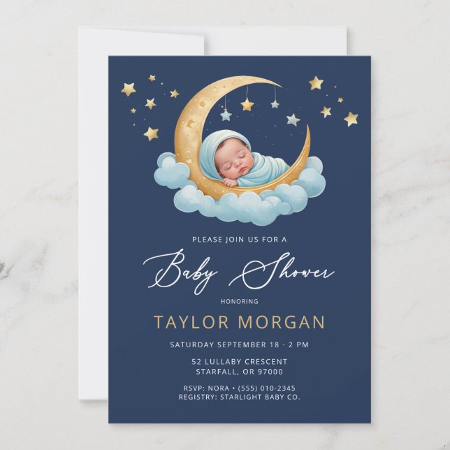 Celestial Moon & Stars Navy Boy Baby Shower  Inbjudningar (Framsida)