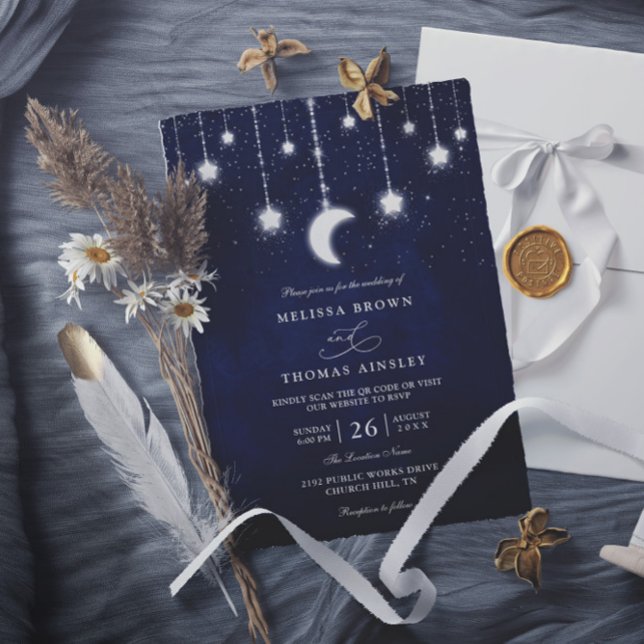 Celestial Moon Stars String Lights QR Code Wedding Inbjudningar (Skapare uppladdad)