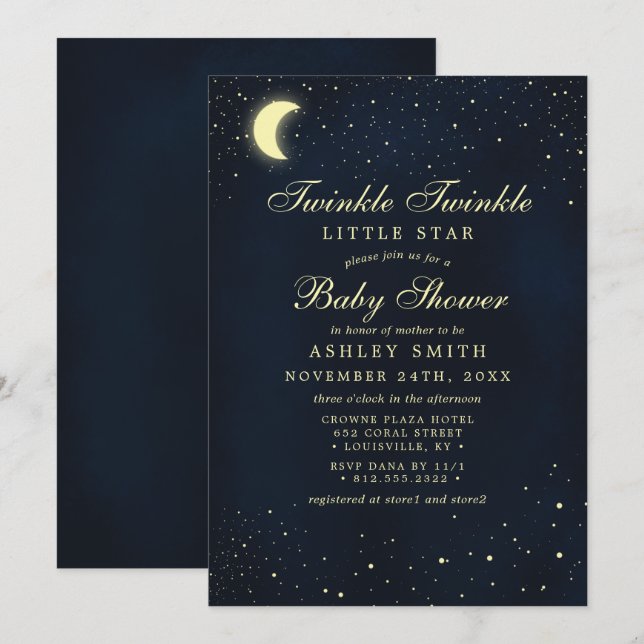 Celestial Moon Stars Twinkle Twinkle Baby Shower Inbjudningar (Fram/baksida)