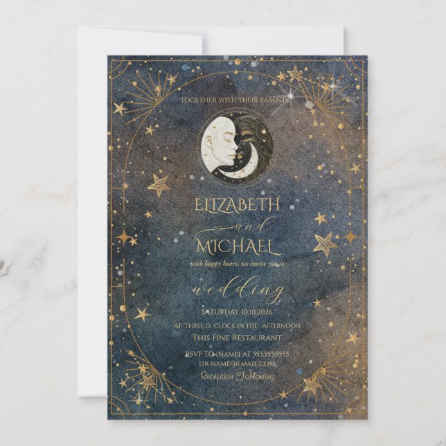 Celestial Moon Sun Frame Dark Galaxy Wedding Inbjudningar (Framsida)