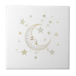 Celestial Moon with Face & Stars Gold Silver White Kakelplatta