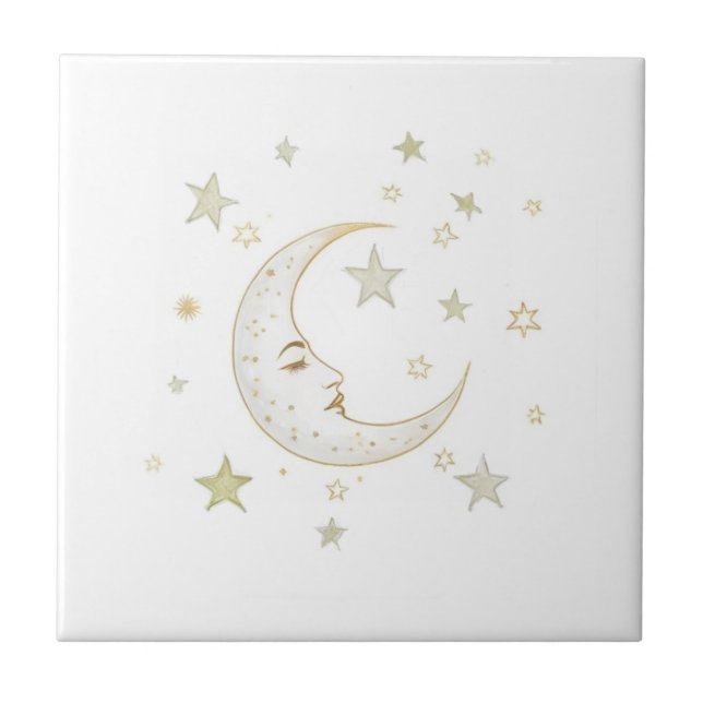 Celestial Moon with Face & Stars Gold Silver White Kakelplatta (Framsidan)