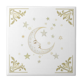 Celestial Moon with Face & Stars Gold White Delft Kakelplatta