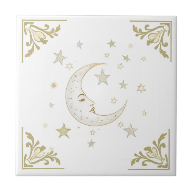 Celestial Moon with Face & Stars Gold White Delft Kakelplatta (Framsidan)