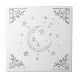 Celestial Moon with Face & Stars Silver and White Kakelplatta