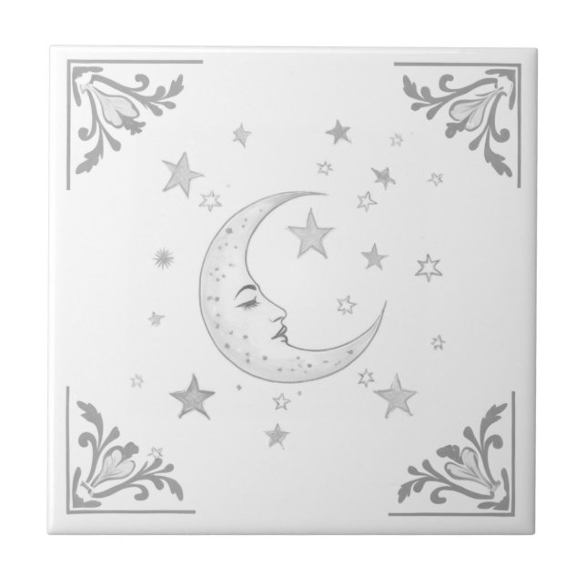 Celestial Moon with Face & Stars Silver and White Kakelplatta (Framsidan)