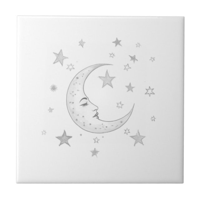 Celestial Moon with Face & Stars Silver and White Kakelplatta (Framsidan)