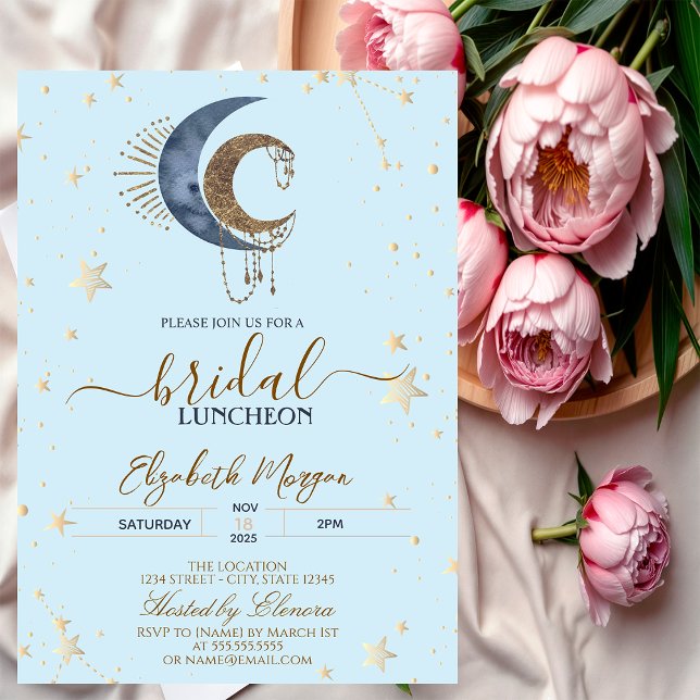 Celestial Moons,Stars Light Blue Bridal Luncheon  Inbjudningar (Skapare uppladdad)
