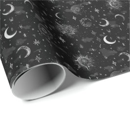 Celestial Moons & Stars Presentpapper Monokrom