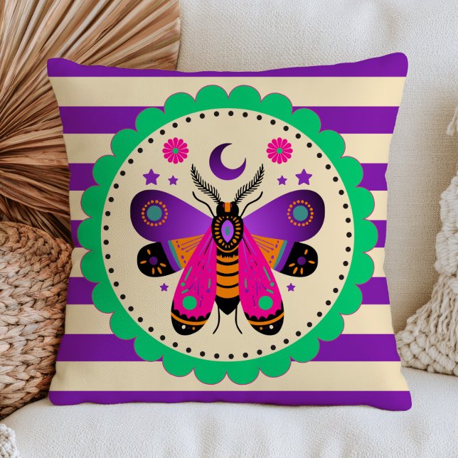 Celestial Moth-design på lila ränder Maximalistisk Kudde (Skapare uppladdad)