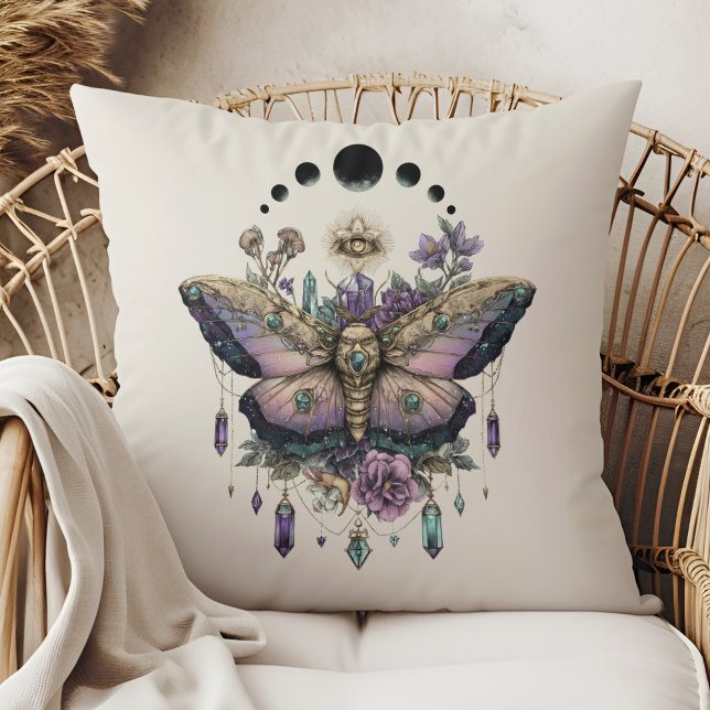 Celestial Moth Moon Phases Throw Pillow Kudde (Celestial Moth Moon Phases Throw Pillow in a boho rattan armchair)