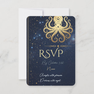 Celestial Mystic Octopus Navy & Gold RSVP-kort