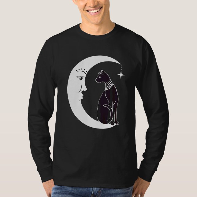 Celestial Mystical Black Cat Familiar Pagan Witchc T Shirt (Framsida)