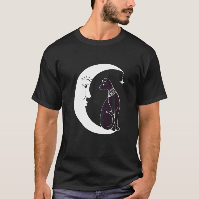 Celestial Mystical Black Cat Familiar Pagan Witchc T Shirt (Framsida)