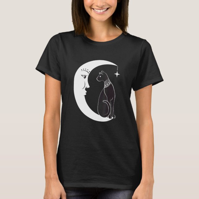 Celestial Mystical Black Cat Familiar Pagan Witchc T Shirt (Framsida)