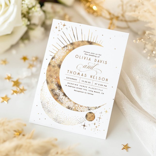 Celestial Mystical Måne Starry Night Boho Bröllop Inbjudningar (Celestial Stars Moon White Wedding Invitations)