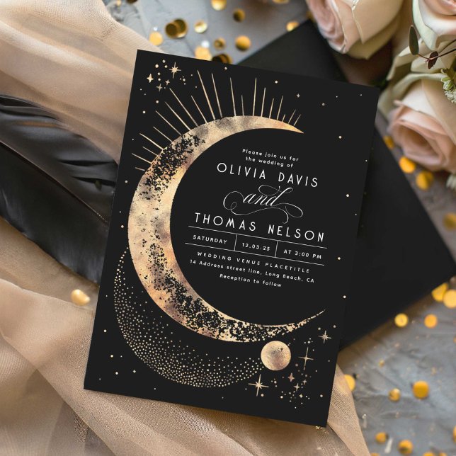 Celestial Mystical Måne Starry Night Boho Bröllop Inbjudningar (Black Celestial Wedding Invitations)