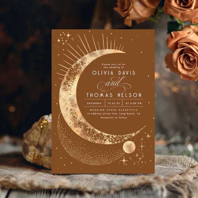 Celestial Mystical Måne Starry Night Boho Bröllop Inbjudningar (Terracotta Celestial Wedding Invitation)