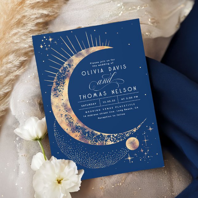 Celestial Mystical Måne Starry Night Boho Bröllop Inbjudningar (Navy Blue and Gold Stars Wedding Invitation)