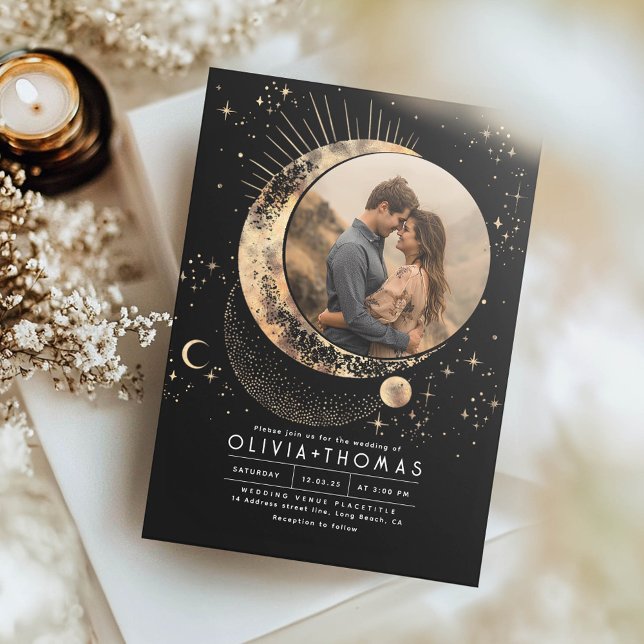 Celestial Mystical Måne Starry Night Bröllop Photo Inbjudningar (Celestial Wedding Photo Invitation)