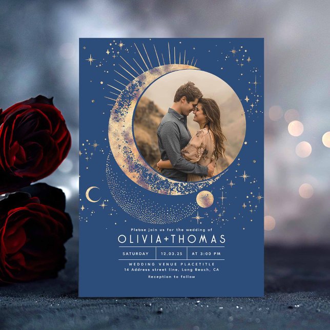 Celestial Mystical Måne Starry Night Bröllop Photo Inbjudningar (Navy Blue Celestial Wedding Photo Invitation)