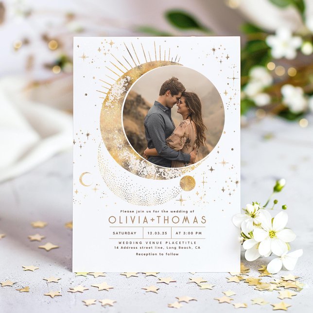 Celestial Mystical Måne Starry Night Bröllop Photo Inbjudningar (Celestial Wedding Photo Invitation)