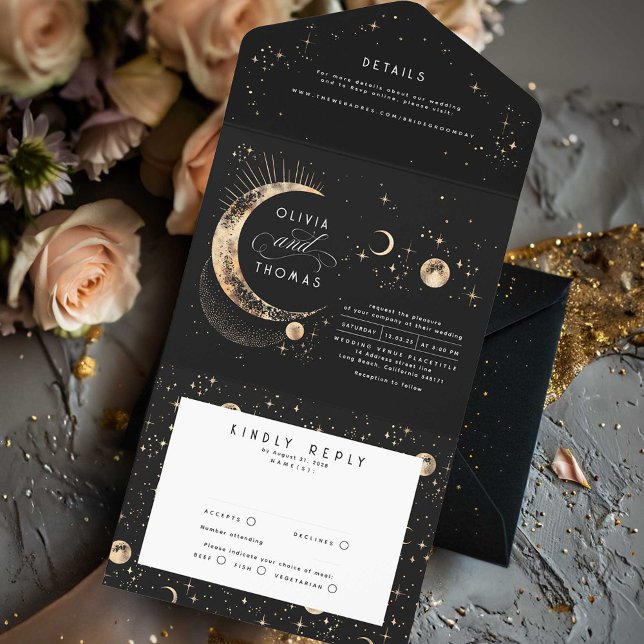 Celestial Mystical Måne Stars Halo Bröllop (All in One Celestial Wedding Invitation)
