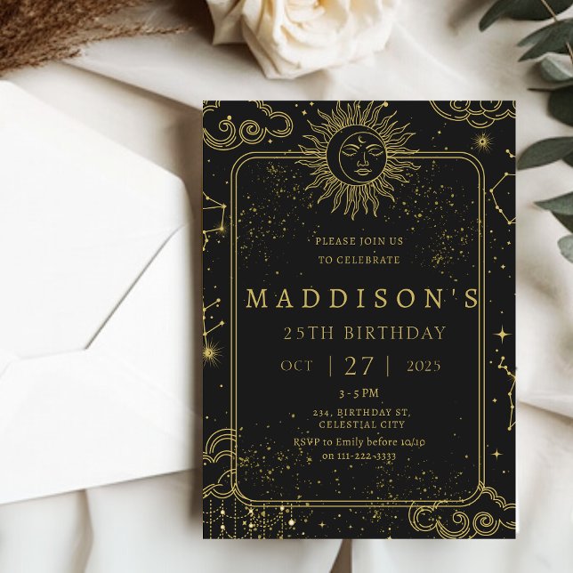 Celestial Mystical Starry Natt Starsign Birthday Inbjudningar (Celestial Mystical Starry Night Starsign Birthday Invitation)