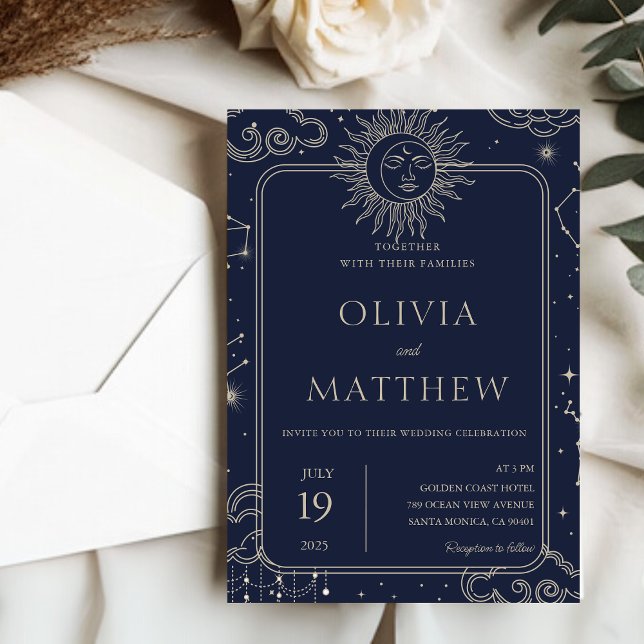 Celestial Mystical Starry Night Måne Stars Bröllop Inbjudningar (Celestial Mystical Starry Night Moon Stars Wedding Invitation)