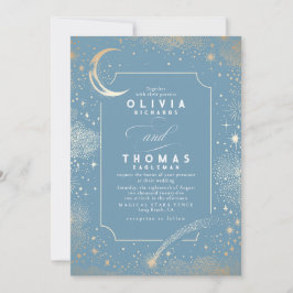 Celestial Mystical Stars Måne Dusty Blue Bröllop Inbjudningar